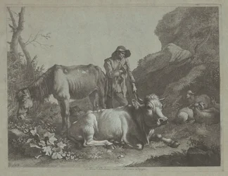 Sétapálcán pihenő pásztor öreg lóval és fekvő bikával, 1767 után.