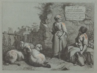 Két lány beszélget: egy áll és forog, 1764.