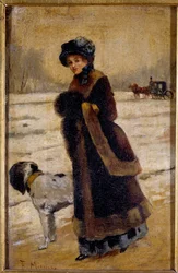 Fiatal nő kutyával Fiatal burzsoá prémet és ujjat visel. Francisco Miralles Galup festménye (1848-1901) 19. századi magángyűjtemény