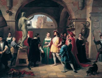 I. Ferenc francia király (1494-1547) meglátogatja Benvenuto Cellini (1500-1571) római műhelyét. A festő bemutatja a királynak Szent János evangélista szobrát. Ismeretlen festő alkotása. Róma, Galleria Nazionale d