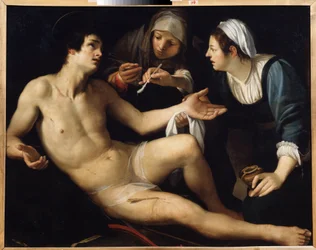 Szent Sebestyén (Szent Sebastian). Sebeiből egy fiatal özvegy, Szent Irén ápolja. Francesco Rustici festménye (1575-1626 körül). Olaj, vászon, 119 x 148 cm. Sienai művészet, olasz manierizmus. Állami Művészeti Múzeum, Jekatyerinburg.