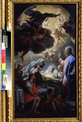 József halála. A Szentháromság ábrázolása: Jézus Krisztus, Isten és a Szentlélek galambja. Francesco Trevisani (1656-1746) festménye, olaj, vászon, 69,5 x 39,5 cm