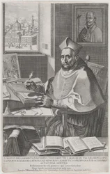 Roberto Bellarmino bíboros az íróasztalánál, ír, 1604.