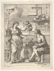 Egy mozsártörővel dolgozó majom, alatta Lorenzo Lippi írja humoros ..., kb. 1710-64.