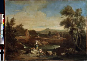Táj egy folyóval. Francesco Zuccarelli (1702-1788) festménye. Olaj, vászon, 81,5 x 119 cm. 18. századi velencei művészet. Ermitázs Múzeum, Szentpétervár.