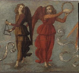 Tamburát és háromszöget játszó angyalok, 1475-97 körül (tempera a panelen) (a 64871 részlete, lásd még: 64872 és 64874)