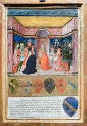 II. Pius bíborossá nevezi ki unokaöccsét, Francesco Tedeschini Piccolomini-t, 1485-90 körül (tempera és arany, tábla)