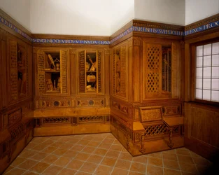 Studiolo a gubbiói hercegi palotából, 1478-82 körül (dió, bükk, rózsafa, tölgy és gyümölcsfa dió alapon)