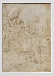 Fiatal férfi sziklás tájban, 1475-80 körül (toll, fekete és barna tinta, fémhegy nyomaival pergamenre)