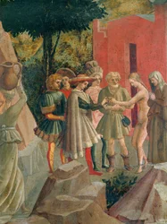 Saluzzo eljön leendő menyasszonyáért a szüleitől (tempera, fa)