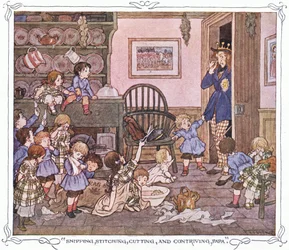 "Vágás, öltés, vágás és kitalálás, Papa", a The Magic Fishbone című könyvből, Warne  Co, 1940 körül (színes litográfia).