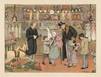 Viktoriánus gyerekek játékokat választanak a nagybátyjukkal egy játékboltban. Kromolitográfia Francis Donkin Bedford illusztrációja után Edward Verrall Lucas The Book of Shops című művéből.