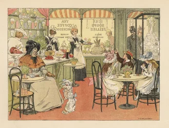 Viktoriánus vásárlók egy teázóban és cukrászdában. Kromolitográfia Francis Donkin Bedford illusztrációja után Edward Verrall Lucas The Book of Shops című művéből.