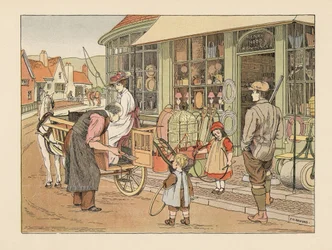 Viktoriánus család Henry Hoopnál, a falu vasárusánál. Kromolitográfia Francis Donkin Bedford illusztrációja után Edward Verrall Lucas The Book of Shops című művéből.
