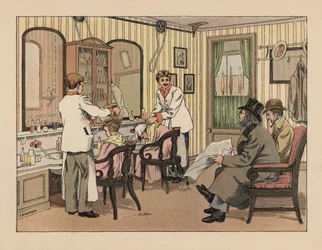 Viktoriánus urak hajmosás és hajmosó géppel történő hajkezelés egy borbélyüzletben. Kromolitográfia Francis Donkin Bedford illusztrációja után Edward Verrall Lucas The Book of Shops című művéből.