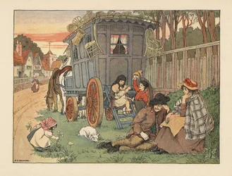 Viktoriánus vándor kosárlabdakészítők árujukkal a lakókocsijuk tetején. Kromolitográfia Francis Donkin Bedford illusztrációja után Edward Verrall Lucas The Book of Shops című művéből.
