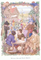 Pünkösdi sörök és Morris táncosok (színes litográfia)