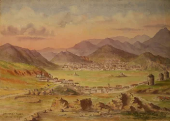 Smandria és Kondia látképe Lemnos szigetén, Görögország, 1917. április (akvarell, papír)