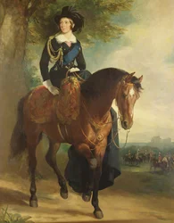 Viktória királynő lovas portréja, a háttérben a windsori kastéllyal, Wellington hercegével és a Household Brigade-dal