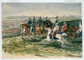 A gárdisták és a hegyvidékiek, akiket Omar pasa és St Arnaud marsall fogadott Cambridge hercege parancsnoksága alatt Aladynban, 1854. július 6.