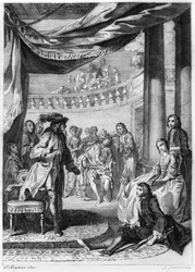 A színjáték jelenete, William Shakespeare (1564-1616) Hamletjéből, Hubert Gravelot (1699-1773) metszete