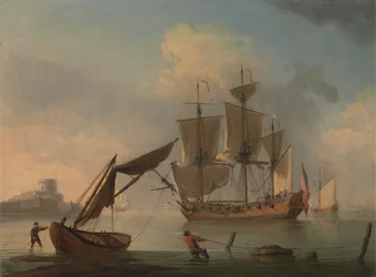 Egy angol Sloop becalmed a part közelében