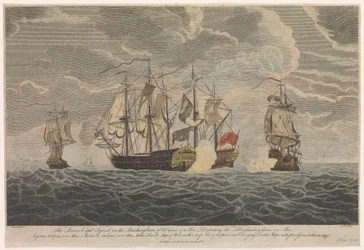 A bátor Tyrrel kapitány a 66 ágyúból és 472 emberből álló "Buckingham" hajón, amely legyőzte a "Florissant", "Aigrette" és "Atlante", három francia hadihajót, 1758. november 3-án.