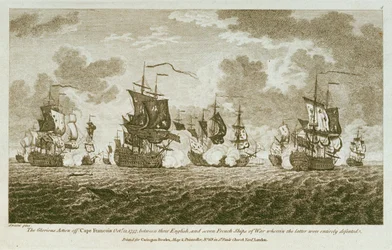 Tizenkét tengeri jegyességről készült nyomat. A dicsőséges összecsapás a Francois-foknál 1757. október 21-én az angolok és hét francia hadihajó között, ahol az utóbbiak teljes vereséget szenvedtek. (metszet)