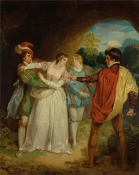 Valentine megmenti Sylviát a Proteustól, Shakespeare "The Two Gentlemen of Verona" című művéből, V. felvonás, 4. jelenet, a Betyárok barlangja
