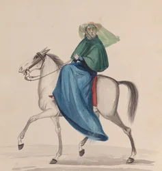 Egy elegánsan öltözött nő lóháton, egy rajzcsoportból, amely perui..., kb. 1848.