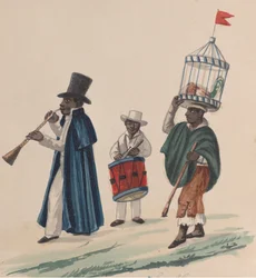 Két zenész és egy férfi, aki a fején egy kakast hord kalitkában, egy csoportból..., kb. 1848.
