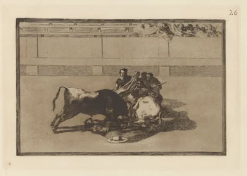 Picador leesése a lováról a bika alatt (A Picador ló nélkül van, és a bika alá esik), 26. tábla a La tauromaquia-ból