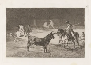 El c?lebre Fernando del Toro, barilarguero, rúdjával kényszeríti a fenevadat (Az ünnepelt Picador, Fernando del Toro, ráhúzza a heves fenevadat a pikéjével), 27. tábla a La tauromaquia-ból