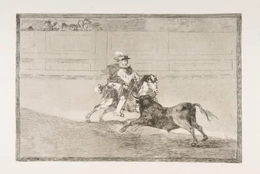 A „Tauromaquia” 13. táblája: Spanyol lovas lovag a gyűrűben, aki rövid lándzsákat tör..., 1816.