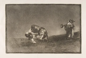 A Tauromaquia 16. táblája: Ugyanez az ember egy bikát dob a ringbe Madridban., 1816.
