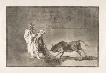 A „Tauromachia“ 6. táblája: A mórok másfajta játékot mutatnak be az arénában, burnuszukkal hívva a bikát, 1816.