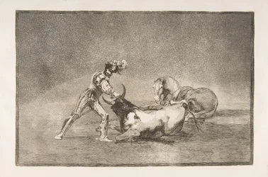 A Tauromaquia 9. táblája: Egy spanyol lovag megöli a bikát, miután elvesztette a lovát., 1816.