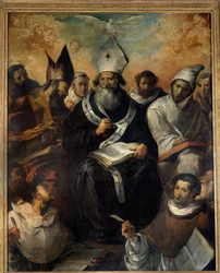 Szent Bazil, diktálja tanát Cézárei Szent Bazil vagy Nagy Bazil (330-379), szerzetes, Kappadókia Cesaree evequeja, az egyház doktora. Francisco Herrera (1585-1657) festménye (ec.esp.) 1639 V. 2,43x1,94 m