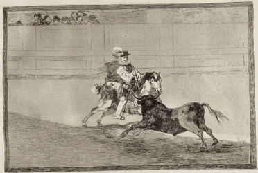 Egy lovas spanyol lovag rövid lándzsákat tör el az arénában segítők támogatása nélkül. 1816. Spanyolország. Madrid (autonóm közösség). Madrid. Nemzeti Könyvtár