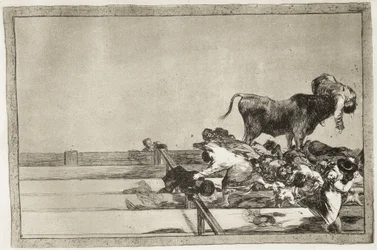 Szörnyű események a madridi aréna első soraiban és Torrejón polgármesterének halála 1801-ben. 1816. „A bikaviadal művészete” 21. táblája. Spanyolország. Madrid (autonóm közösség). Madrid. Nemzeti Könyvtár