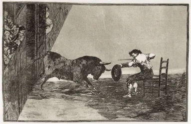 Martincho (valószínűleg Antonio Ebassum) vakmerősége a zaragozai arénában. 1816. (24,9 x 35,7 cm). „A bikaviadal művészete” 18. táblája. Spanyolország. Madrid (autonóm közösség). Madrid. Nemzeti Könyvtár