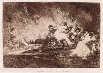 A lángokon keresztül menekülnek. 1810-1812. (16,1 x 23,3 cm). A „Háború borzalmai” 47. táblája. Spanyolország. Madrid (autonóm közösség). Madrid. Nemzeti Könyvtár