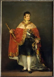 VII. Ferdinánd király (1784-1833) portréja királyi viseletben Francisco de Goya y Lucientes (1746-1828) festménye. 1815 körül. Madrid. Musee du Prado – VII. Ferdinánd király (1784-1833) portréja királyi palásttal. Francisco de Goya y Lucientes festménye