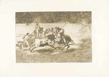 The Forceful Rendón Stabs a Bull with the Pique, from which Pass He Died in the Ring at Madrid, plate 28 from The Art of Bullfighting   1274171   hu       hungarian Successfully Translated  Original: Two Fighting Lions Translat: Two Fighting Lions 1293035 