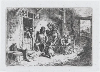10. tábla: két táncoló figura, egy másik ülve dobon, a Vámok sorozatából, 1850.