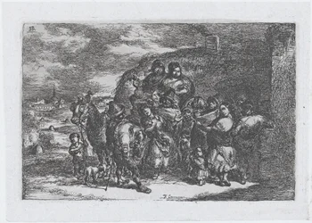 13. tábla: egy embercsoport a szabadban, köztük esetleg zenészekkel, a Cust... sorozatból, 1850.