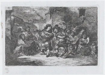 17. tábla: utcazenészek és táncoló figurák, a..., 1850. évi szokások és időtöltések sorozatából.