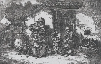 19. tábla: egy család és egy fiú kutyával játszó házon kívül, a szokás... sorozatból, 1850.