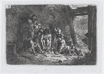 8. tábla: figurák csoportja, akik közül néhányan játszanak, a Vámok és... sorozatból, 1850.