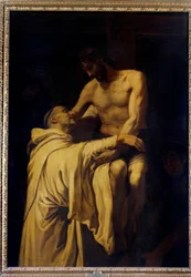 Krisztus karjába veszi Clairvaux-i Szent Bernát (San Bernardo di Chiaravalle) (1090-1153) Francisco Ribalta (1565-1628) festménye 1621 V. 1,58x1,13 m Madrid, Musee du Prado